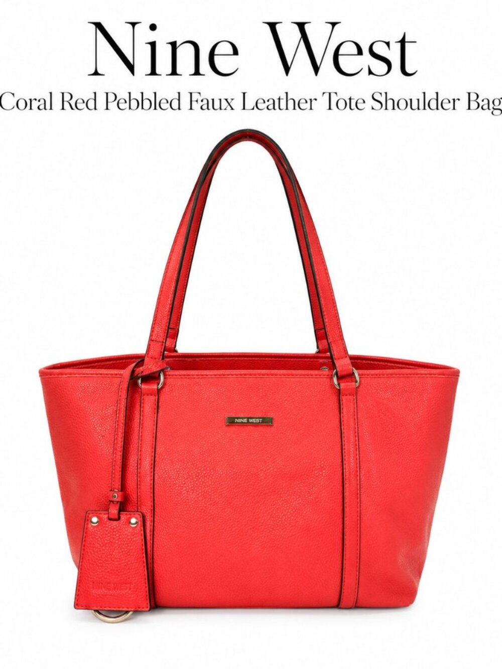 Nine West Coral Red Pebbled Tote Bag Large Shoulder Purse